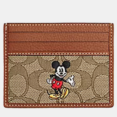 Pre-owned Coach Disney X Brown Mickey Mouse Signature Jacquard And Leather Card Holder