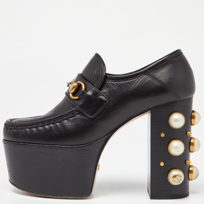 Pre-owned Gucci Black Leather Pearl Studded Vegas Platform Loafers Size 37.5