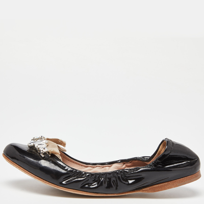 Pre-owned Miu Miu Black Patent Leathre Crystals Embellished Scrunch Ballet Flats Size 38