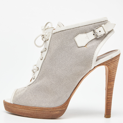 Pre-owned Hermes Grey/white Canvas And Leather Peep Toe Lace Up Slingback Booties Size 39