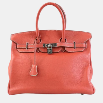 Pre-owned Hermes Handbag Birkin Eclat 35 Taurillon Clemence Sanguine X White Silver In Orange