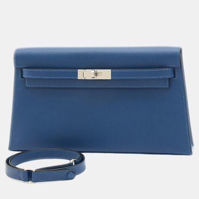 Pre-owned Hermes Kelly Elan Handbag Vaux Madame Deep Blue Silver Hardware B Engraved