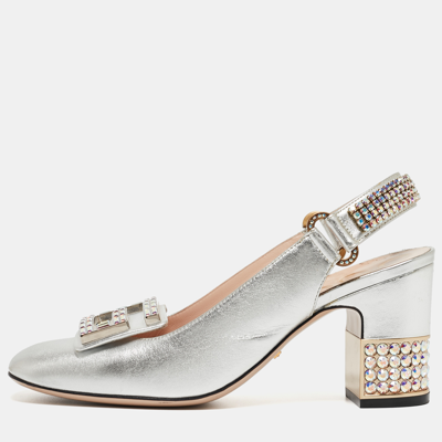 Pre-owned Gucci Silver G Embellished Leather Madelyn Slingback Pumps Size 37