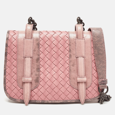 Pre-owned Bottega Veneta Pink Karung And Intrecciato Leather Flap Crossbody Bag