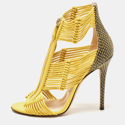 Pre-owned Jimmy Choo Yellow/black Python And Leather Kattie Zip Front Strap Sandals Size 39.5