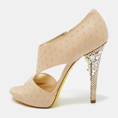 Pre-owned Versace Beige Studded Leather Crystal Embellished Heel Platform Sandals Size 37