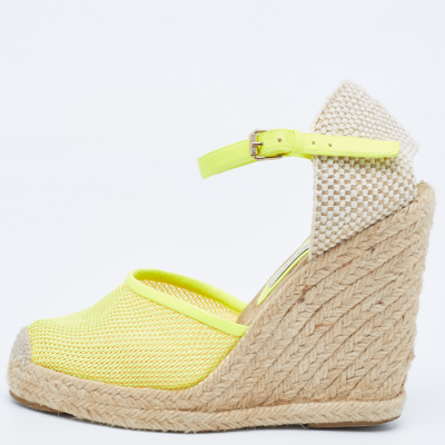 Pre-owned Stella Mccartney Neon Yellow Mesh Espadrille Wedge Ankle Strap Pumps Size 37