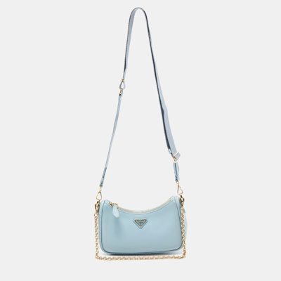 Pre-owned Prada Light Blue Saffiano Lux Leather Mini Re-edition Pochette Bag