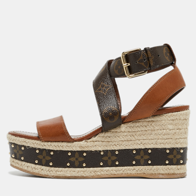 Pre-owned Louis Vuitton Brown Leather And Monogram Canvas Espadrille Ankle Strap Sandals Size 37