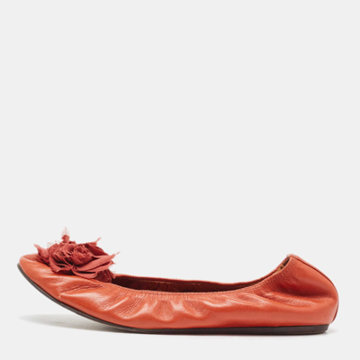 Pre-owned Lanvin Orange Leather Flower Scrunch Ballet Flats Size 37.5