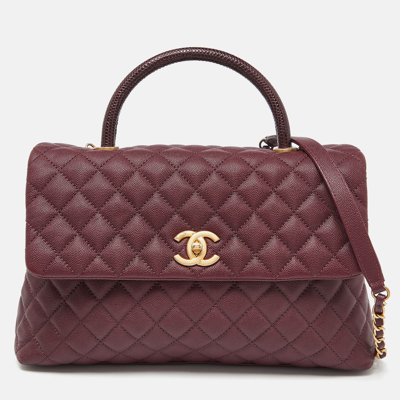 Pre-owned Chanel Burgundy Quilted Caviar Leather And Lizard Medium Coco Top Handle Bag