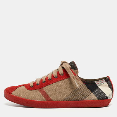 Pre-owned Burberry Red/brown Suede And Nova Check Canvas Low Top Sneakers Size 37