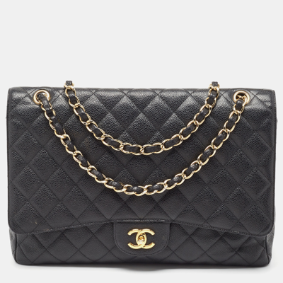 Pre-owned Chanel Black Quilted Caviar Leather Maxi Classic Single Flap Bag