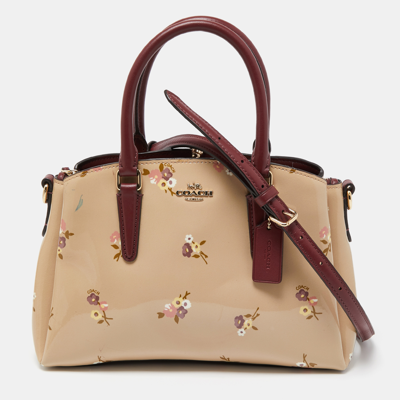Pre-owned Coach Burgundy/cream Floral Print Patent And Leather Mini Sage Carryall Satchel