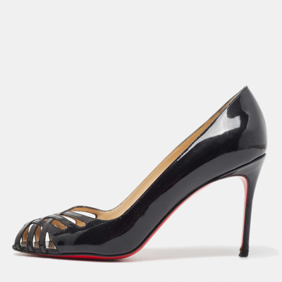 Pre-owned Christian Louboutin Black Cut Out Patent Leather Peep Toe Pumps Size 37.5
