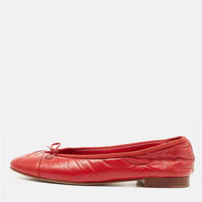 Pre-owned Chanel Red Leather Cc Bow Ballet Flats Size 38.5