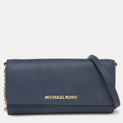 Pre-owned Michael Kors Blue Leather Jet Set Travel Wallet On Chain