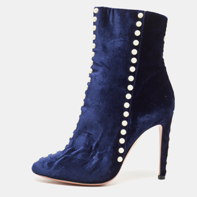 Pre-owned Aquazzura Blue Velvet Follie Pearls Ankle Length Boots Size 36.5 In Navy Blue