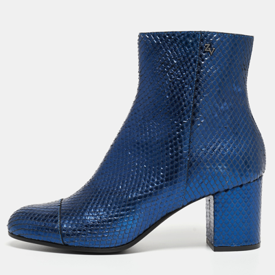 Pre-owned Zadig & Voltaire Zadiq & Voltaire Blue Python Embossed Leather Block Heel Ankle Boots Size 40