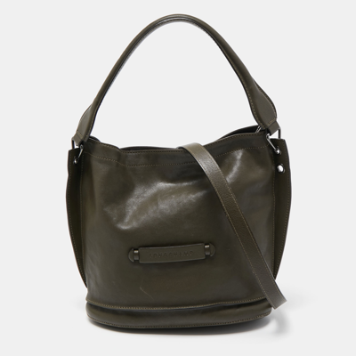 Pre-owned Longchamp Olive Green Leather 3d Bucket Bag