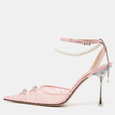 Pre-owned Mach & Mach Pink Satin And Lace Crystal Embellished Ankle Strap Pumps Size 39.5