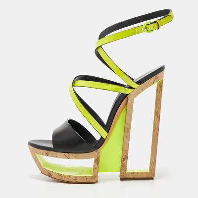 Pre-owned Casadei Black/neon Yellow Leather And Patent Cork Wedge Platform Strappy Sandals Size 38