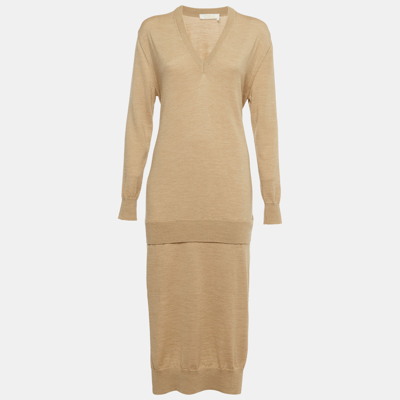 Pre-owned Chloé Seed Brown Wool V-neck Sweater Midi Dress S