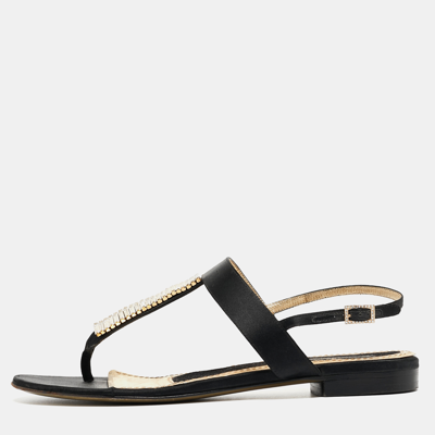Pre-owned Dolce & Gabbana Black Satin Crystal Embellished Thong Flat Sandals Size 37.5