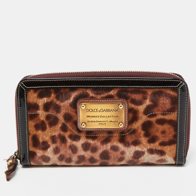 Pre-owned Dolce & Gabbana Brown Leopard Print Calfhair And Patent Leather Zip Around Continental Wallet