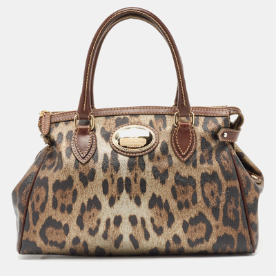 Pre-owned Roberto Cavalli Metallic/brown Leopard Print Coated Canvas And Leather Zip Tote