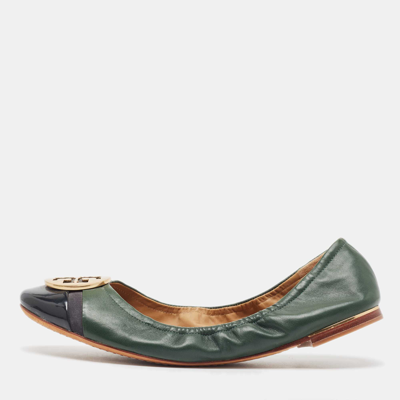 Pre-owned Tory Burch Green/black Leather And Patent Leather Cap Toe Ballet Flats Size 40
