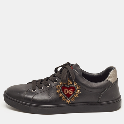 Pre-owned Dolce & Gabbana Black Leather Dg Heart Trainers Size 40
