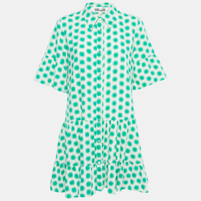 Pre-owned Diane Von Furstenberg Cream/green Print Cotton Button Front Mini Dress M