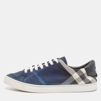 Pre-owned Burberry Blue/white Nova Check Denim And Leather Low Top Trainers Size 44