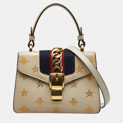Pre-owned Gucci White Mini Sylvie Bee Star Top Handle Bag
