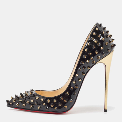Pre-owned Christian Louboutin Black/gold Patent Leather Pigalle Spikes Pumps Size 38.5