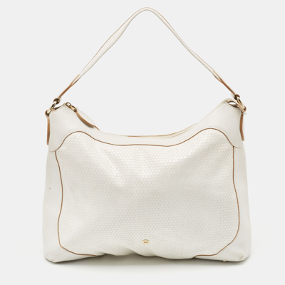 Pre-owned Aigner White Embossed Leather Zip Hobo