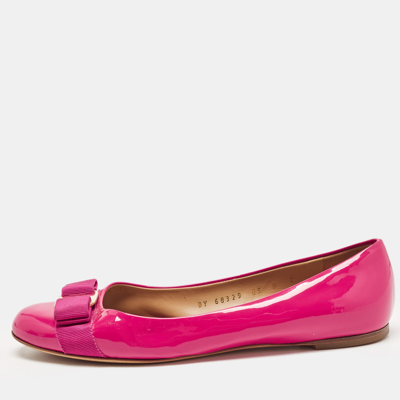 Pre-owned Ferragamo Pink Patent Leather Vara Bow Ballet Flats Size 38.5