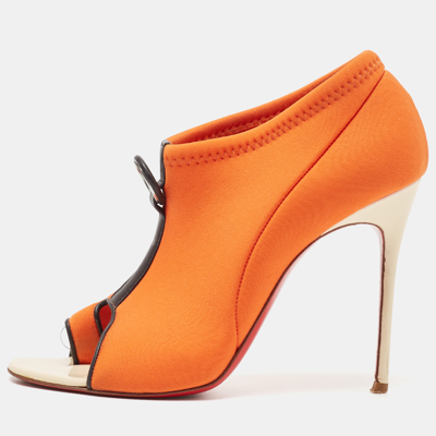 Pre-owned Christian Louboutin Orange Fabric Peep Toe Sandals Size 38