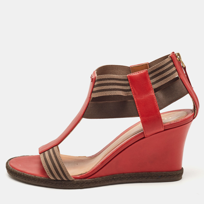 Pre-owned Fendi Red/brown Leather And Elastic T-strap Espadrille Wedge Sandals Size 39
