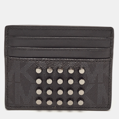 Pre-owned Michael Kors Black Signature Coated Canvas And Leather Studded Tall Card Case