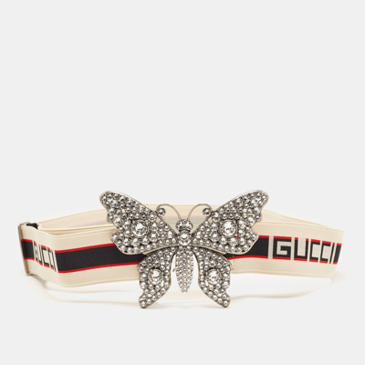 Pre-owned Gucci White Elastic Band Crystals Embellished Butterfly Waist Belt 80cm