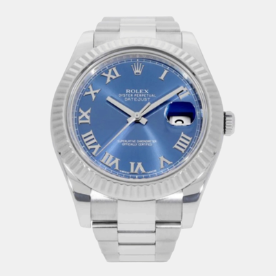 Pre-owned Rolex Blue 18k White Gold And Stainless Steel Datejust Ii 116334 Men's Wristwatch 41 Mm