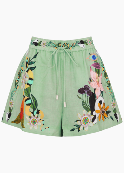 Alemais Meagan Floral-print Linen Shorts In Green