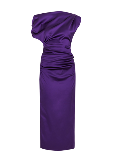 Talbot Runhof Tie Draped One-shoulder Satin Midi Dress In Purple