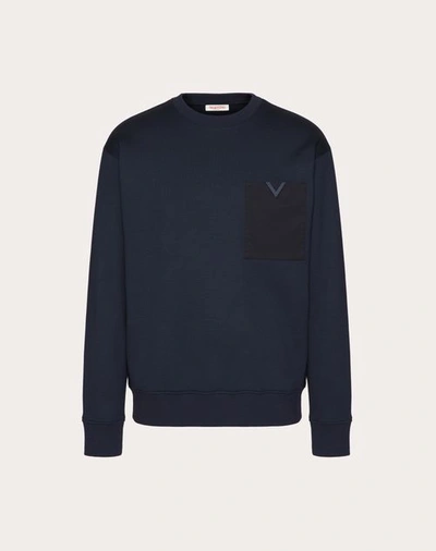 Valentino Men's Technical Cotton Crewneck With Rubberized V Detail In Navy