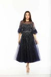 Mac Duggal Navy High Neck A-line Tea-length Dress With 3/4 Feather Detail Sleeves In Navy