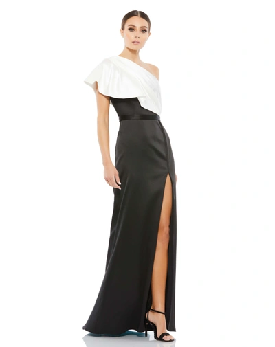 Ieena For Mac Duggal Two Tone Ruffled One Shoulder Gown In Black White