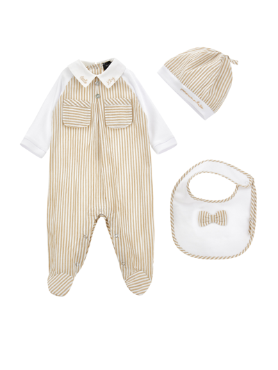Monnalisa Kids'   Striped Three-piece Set In White + Ecru