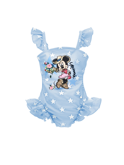 Monnalisa Kids'   Minnie Stretch One-piece Swimsuit In Light Blue + White